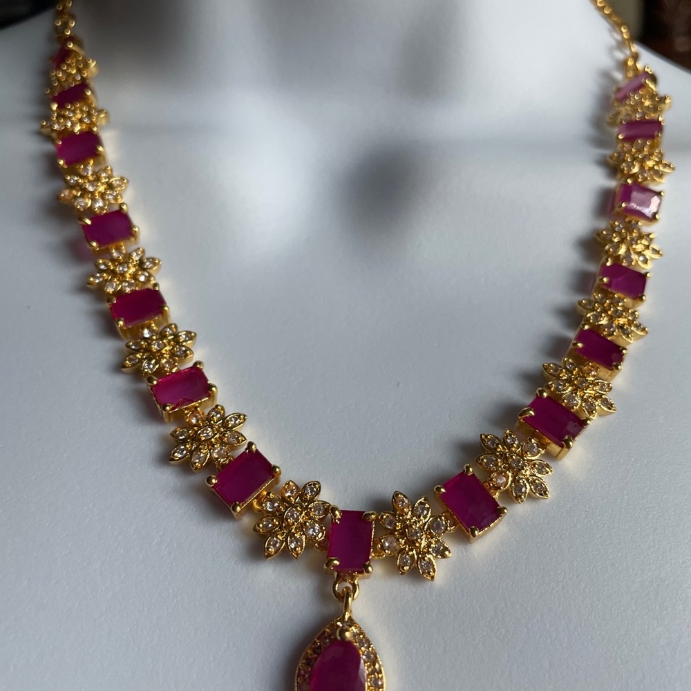Gold and Fuchsia Stone Floral Necklace - Women Jewelry